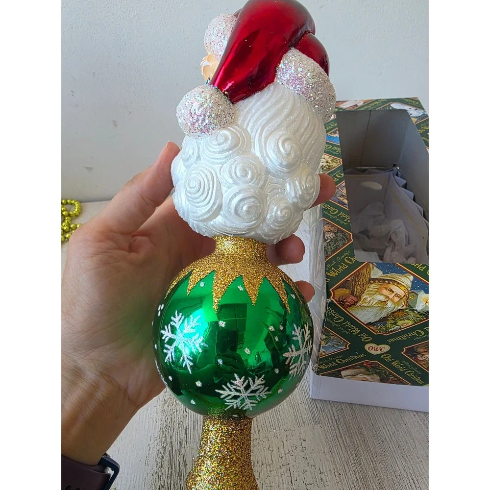 OWC Old world 2005 Santa glitter tree topper ball green gold Xmas tree